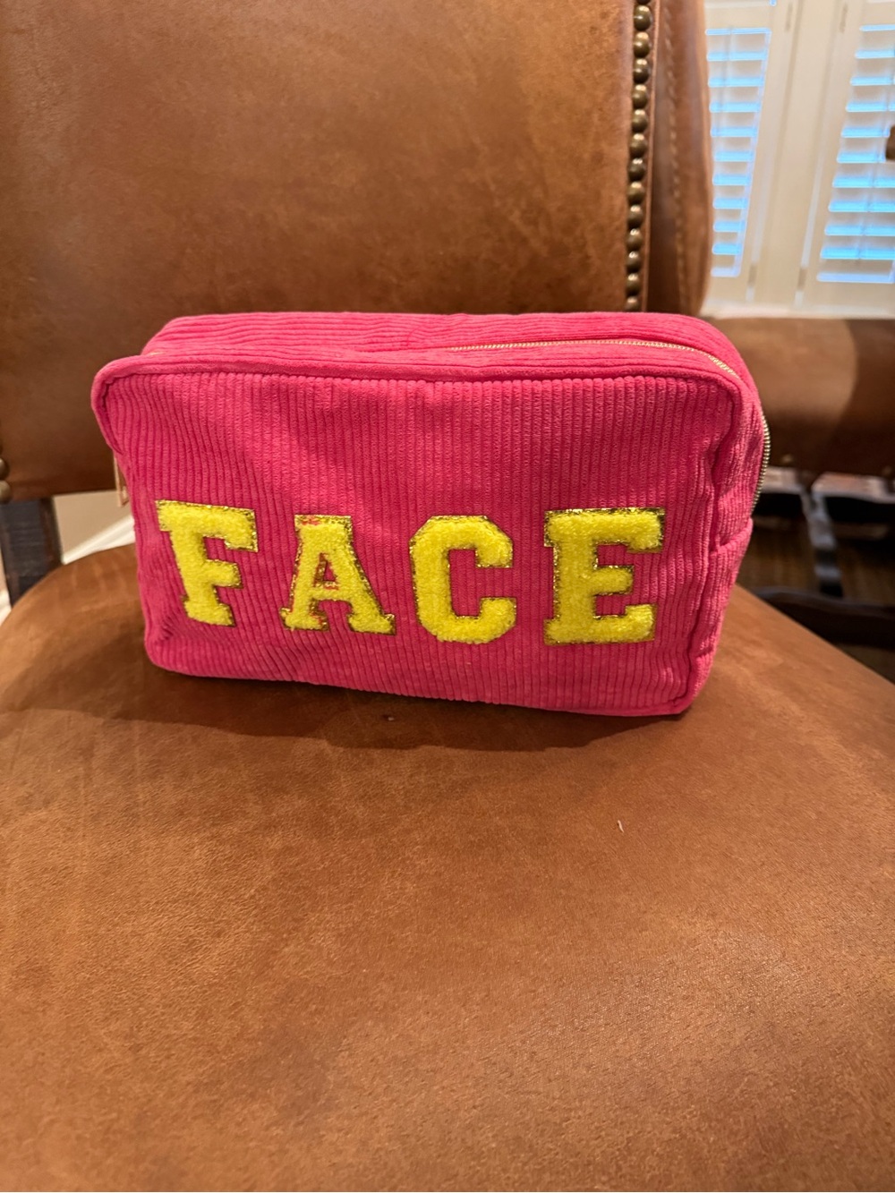 Hot Pink Corduroy Cosmetic Pouch with Yellow FACE Appliqué